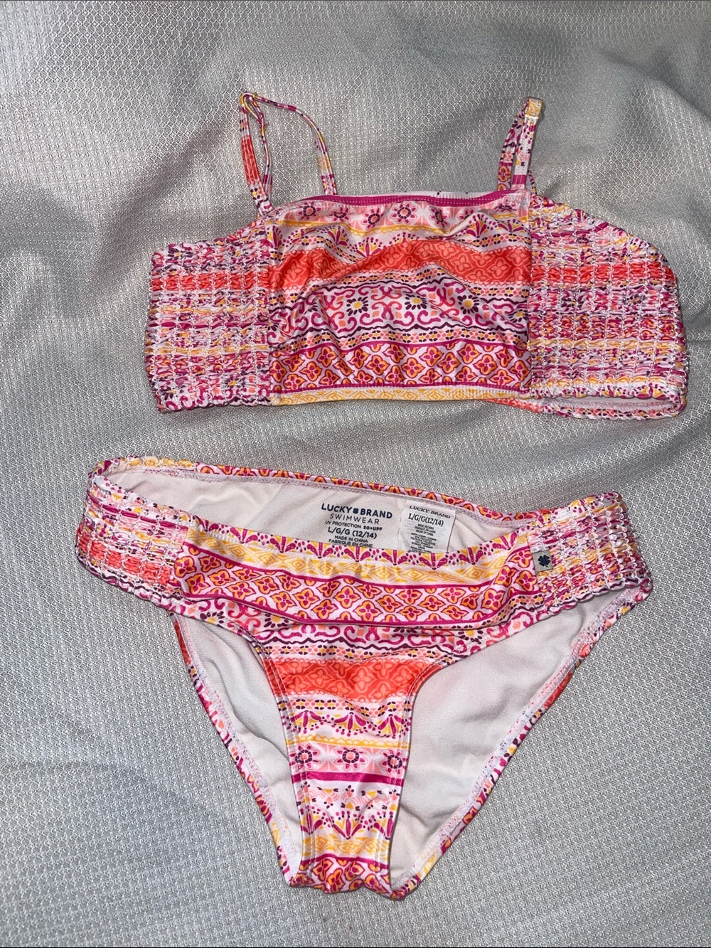 Lucky Brand Girls Pink Orange Yellow Patterned Bikini Set